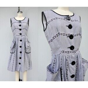 50s 60s Checkered Floral Dress LARGE POCKETS Pleated Pin Up Rockabilly S M